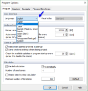 Opzioni del programma, selezione della lingua